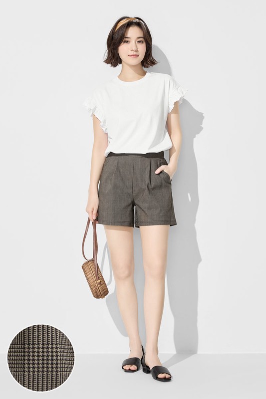 彈力格紋打褶短褲-女
