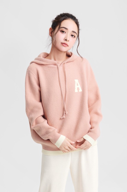 粗針混紡寬版連帽毛衣-女