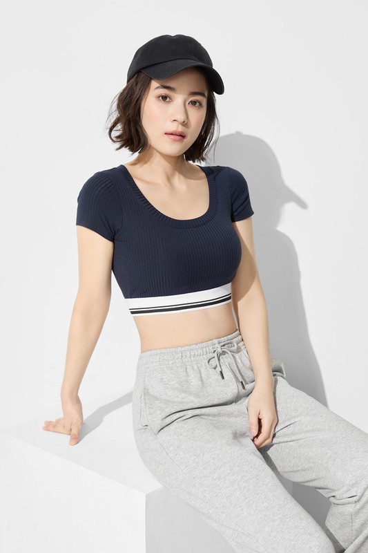 可拆式Bra莫代爾短版羅紋T恤-女