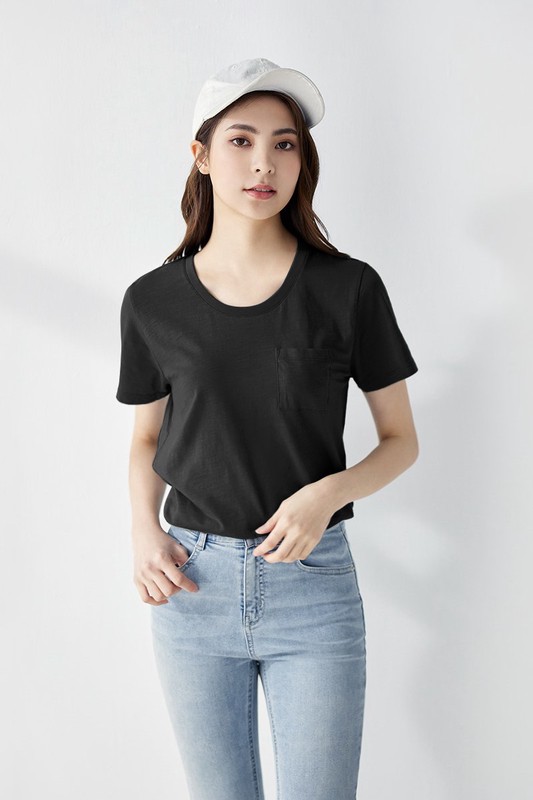 竹節棉口袋短袖T恤-女