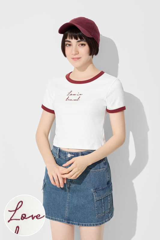 純棉羅紋配色文字電繡T恤-女