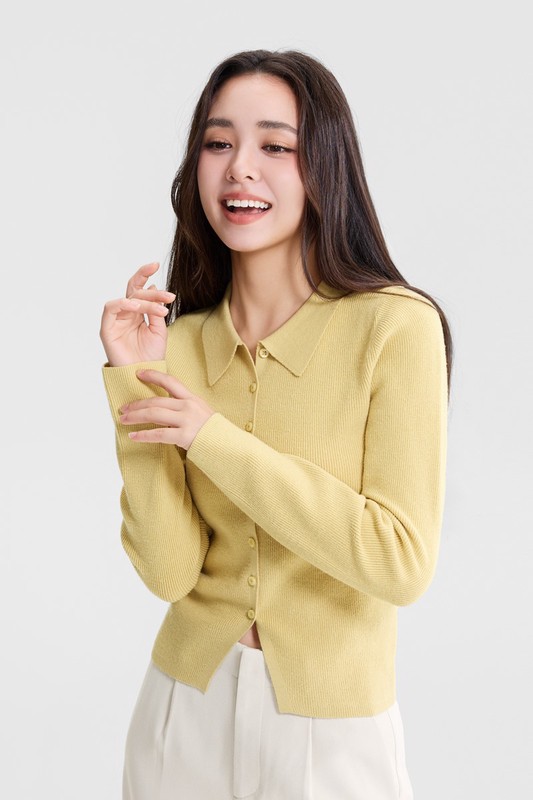 短版翻領針織開襟衫-女