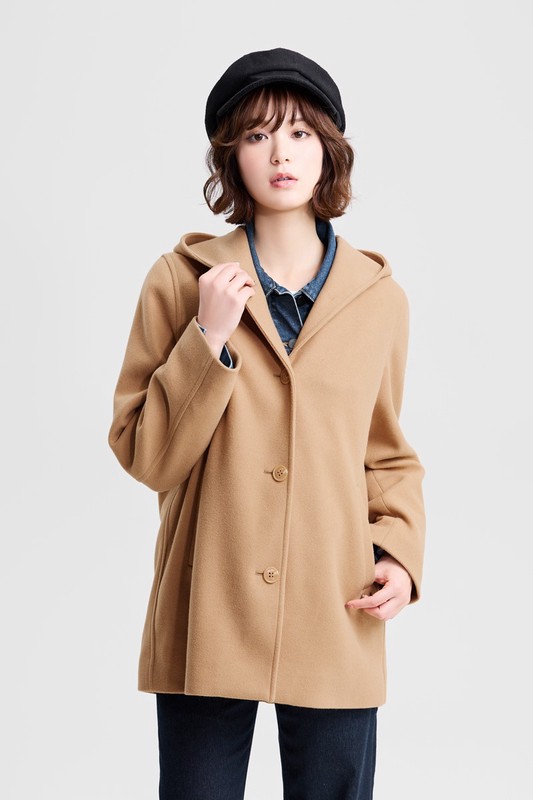 仿毛呢排釦連帽大衣-女