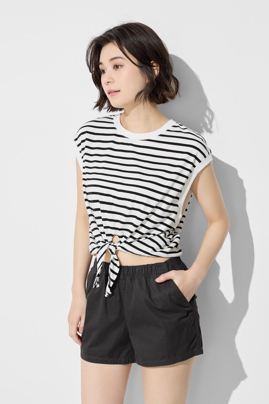 純棉寬版條紋綁帶上衣-女