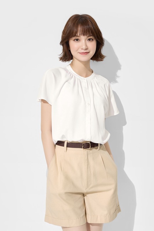 嫘縈立領連袖襯衫-女