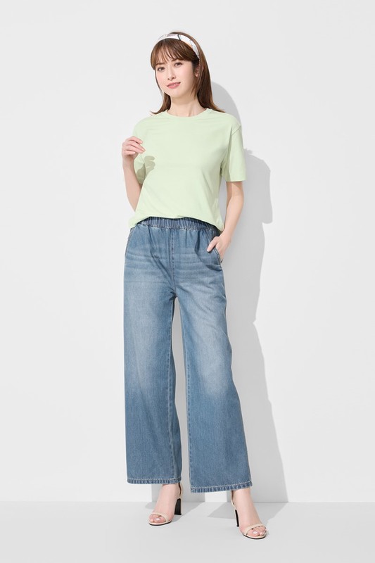 鬆緊牛仔寬褲-女