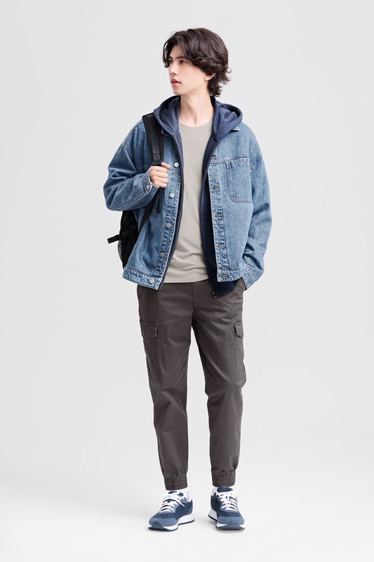 棉質工裝束口褲-男