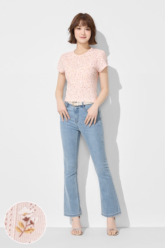 羅紋提花小花短版T恤-女