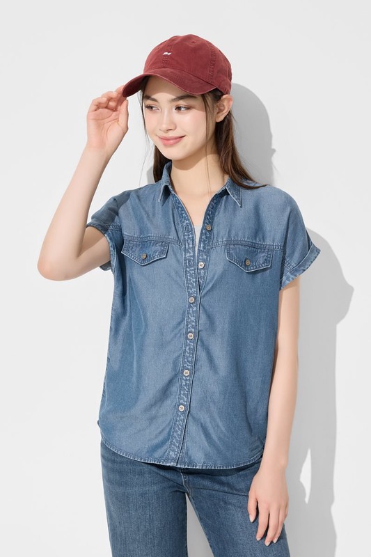 輕薄牛仔短袖襯衫-女