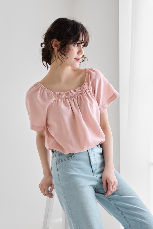 亞麻混紡方領寬版上衣-女