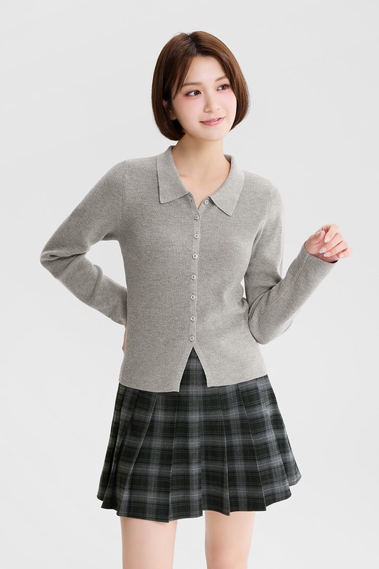 短版翻領針織開襟衫-女