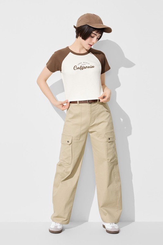 羅紋拉克蘭袖文字印花短版T恤-女