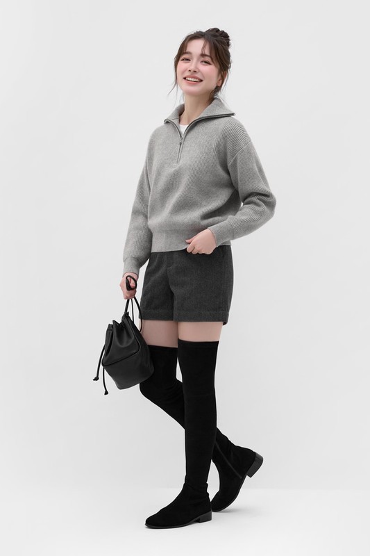 粗針半開襟拉鍊式毛衣-女