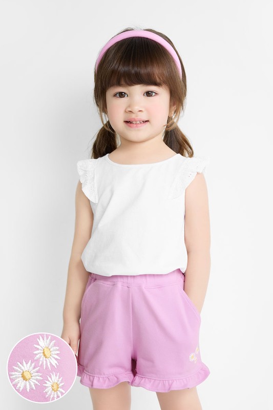 荷葉邊小花電繡鬆緊短褲-童