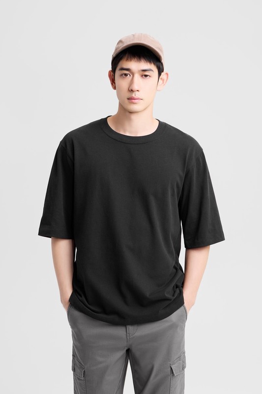磨毛柔棉寬版五分袖T恤-男