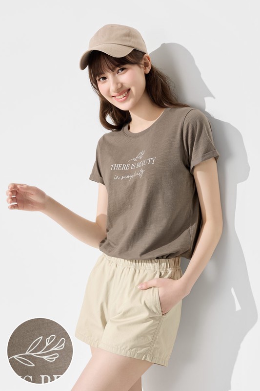 竹節棉花草文字印花T恤-女