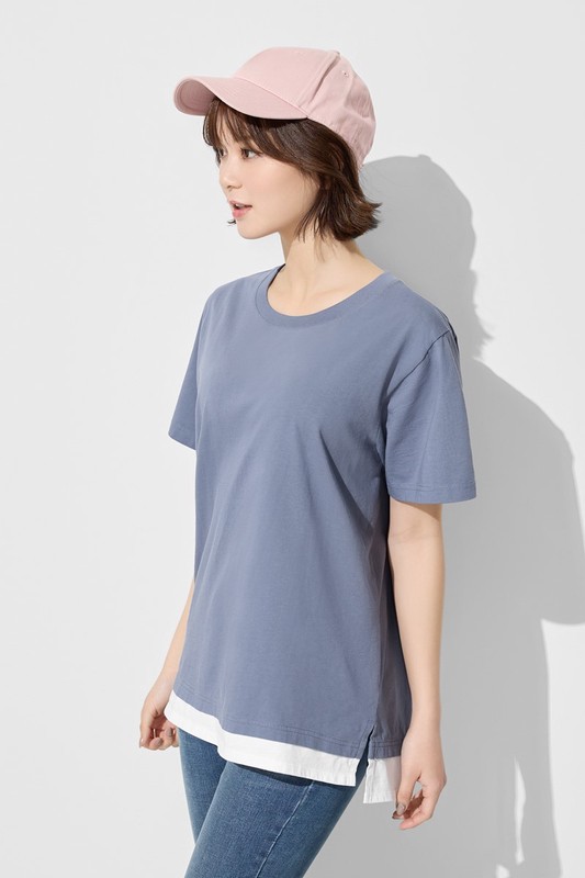 純棉寬版假兩件T恤-女