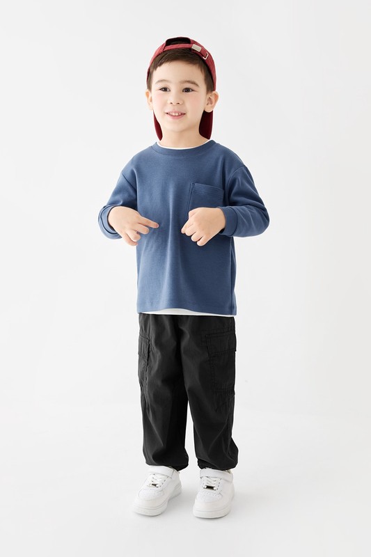 磨毛柔棉寬鬆口袋長袖T恤-童