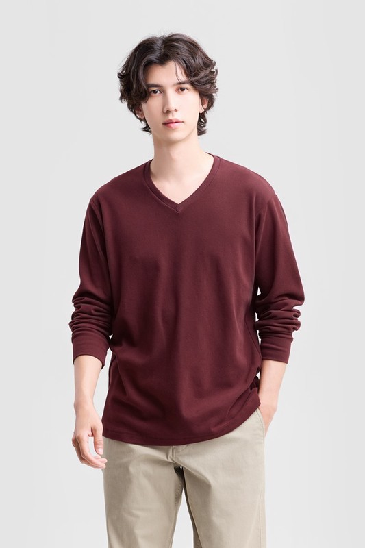 磨毛柔棉V領長袖T恤-男