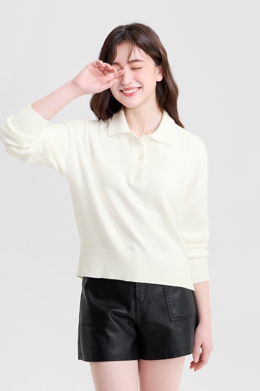 寬版polo領毛衣-女