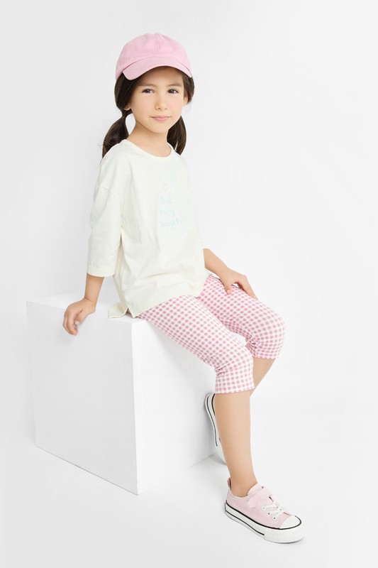 彈力格紋七分內搭褲-童