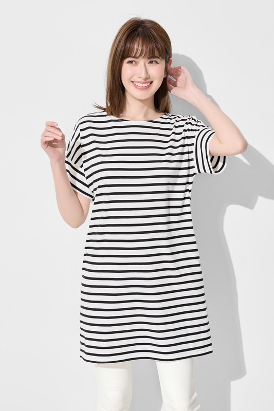 柔滑棉條紋寬鬆洋裝-女