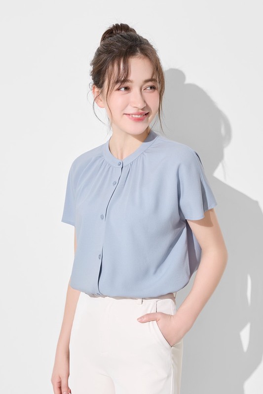 嫘縈立領連袖襯衫-女