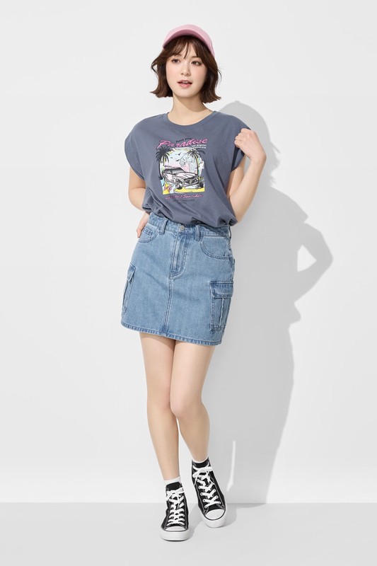 純棉寬版復古美式印花無袖上衣-女