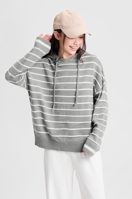 寬版條紋連帽毛衣-女