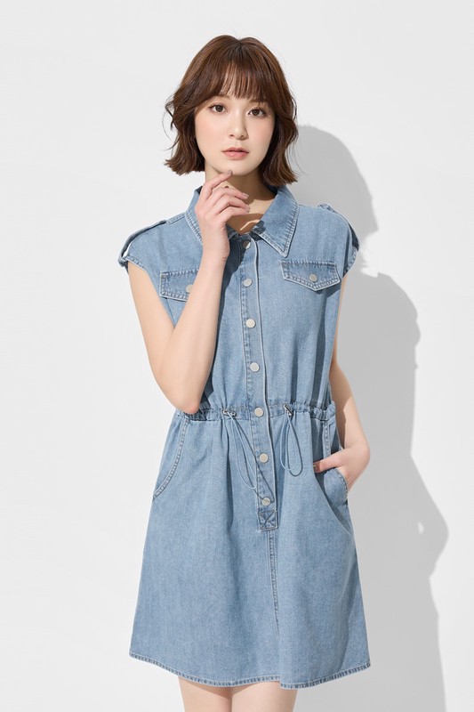 可調式腰圍牛仔短洋裝-女