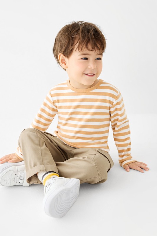 磨毛羅紋條紋圓領T恤-童