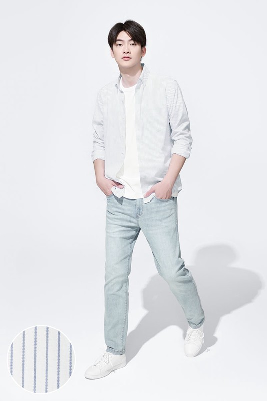 商務彈性條紋長袖襯衫-男