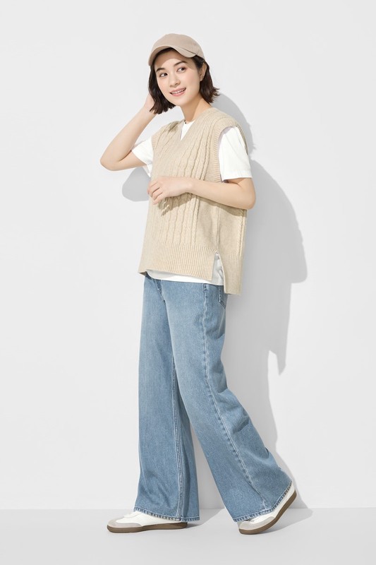 麻花寬版落肩V領針織背心-女