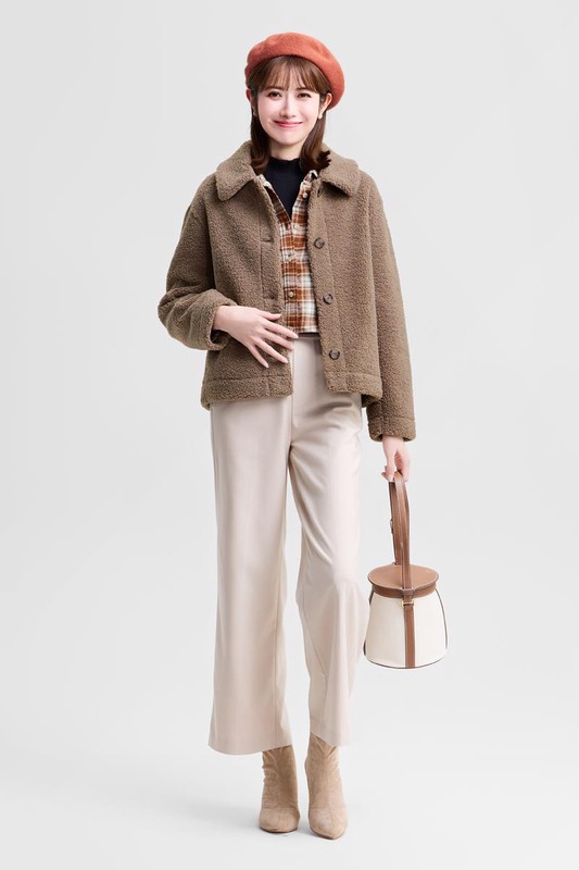 仿羊羔絨翻領外套-女