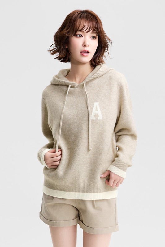 粗針混紡寬版連帽毛衣-女