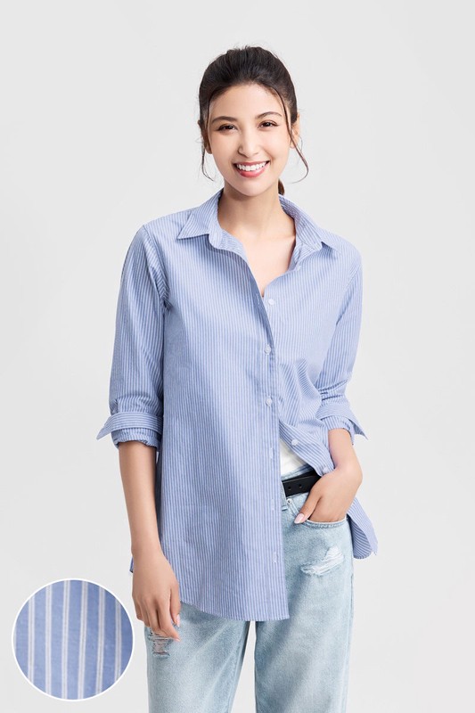 棉質條紋長版襯衫-女
