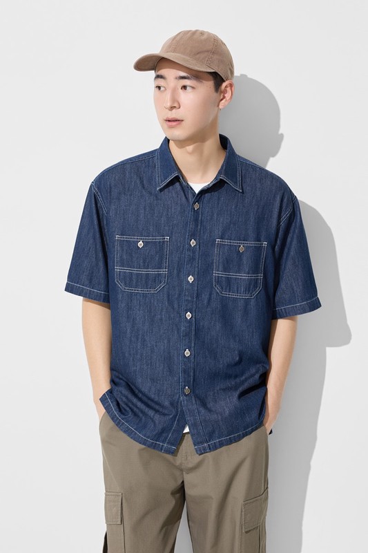 牛仔寬版短袖襯衫-男