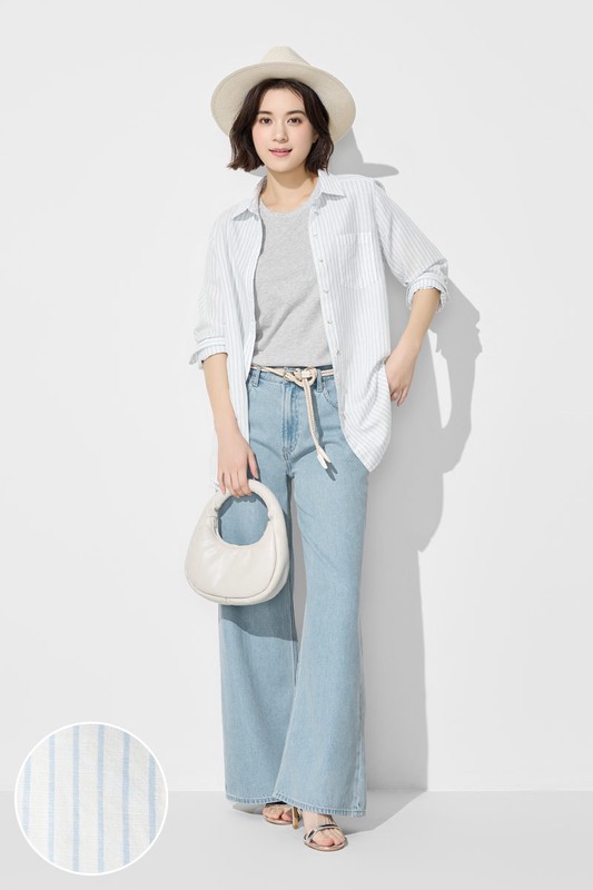 棉麻條紋長版襯衫-女