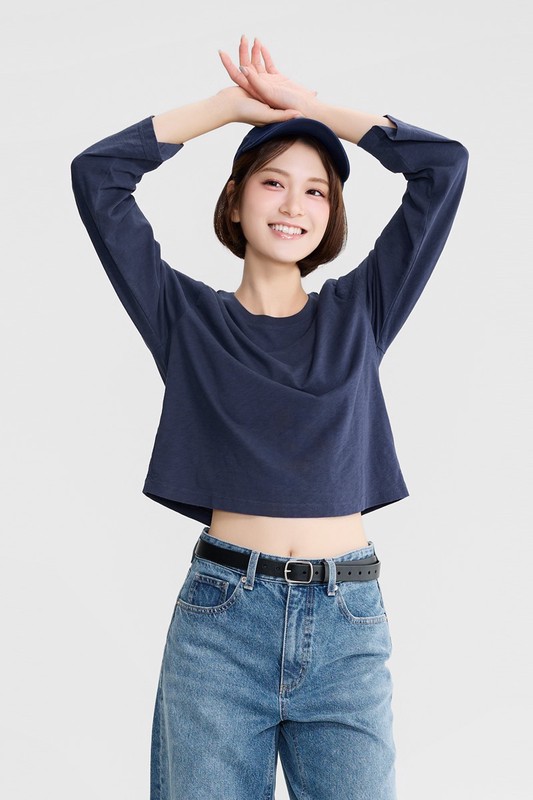 竹節棉寬短版長袖T恤-女