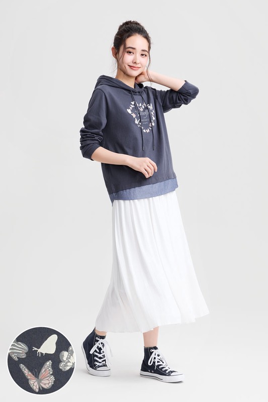 假兩件印花連帽T恤-女