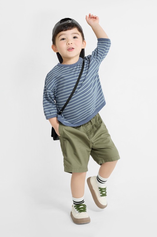 純棉條紋寬版七分袖T恤-童