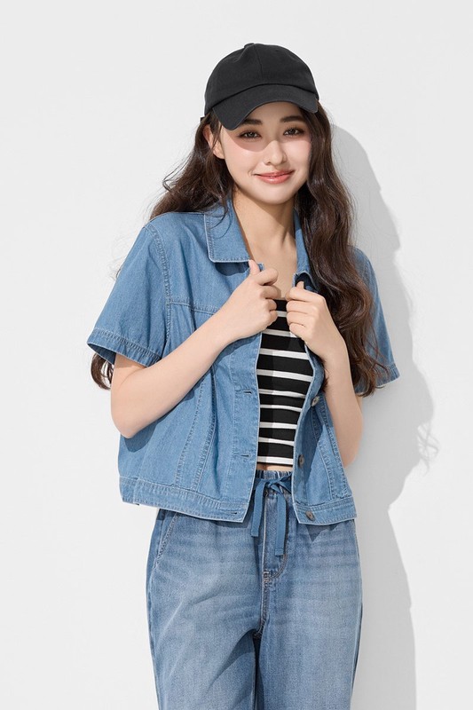 牛仔短袖襯衫式外套-女