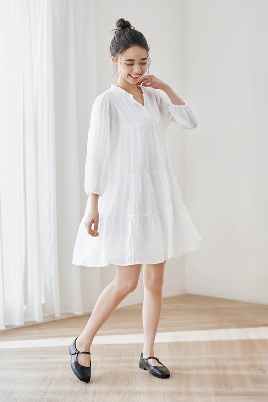 絲光壓褶七分袖洋裝-女