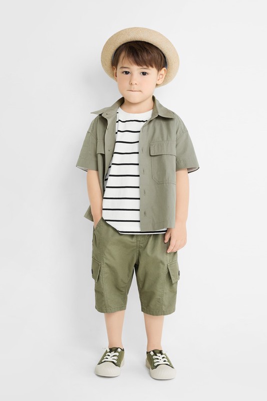 工裝寬版短袖襯衫-童