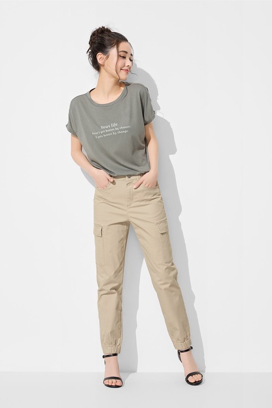 棉質工裝束口褲-女