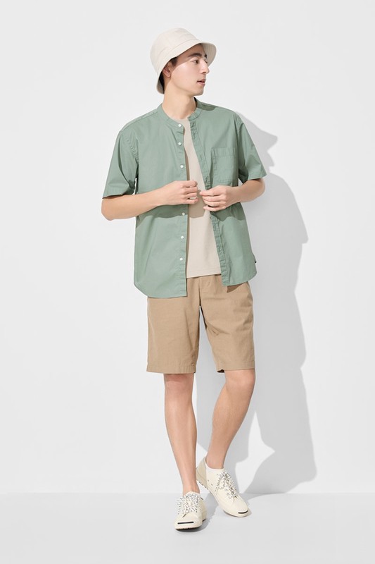 柔棉立領短袖襯衫-男