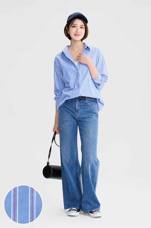 棉質條紋長版長袖襯衫-女