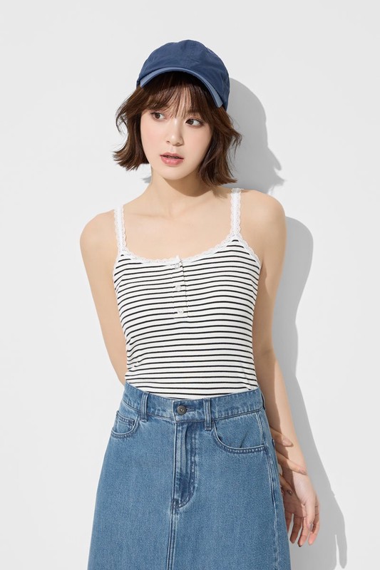 Bra條紋蕾絲細肩帶背心-女