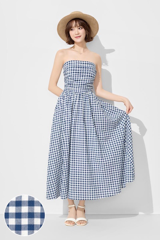 平口可拆式細肩帶格紋洋裝-女