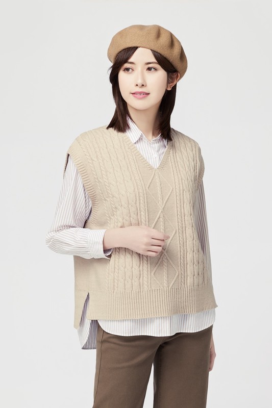 麻花寬版落肩V領針織背心-女